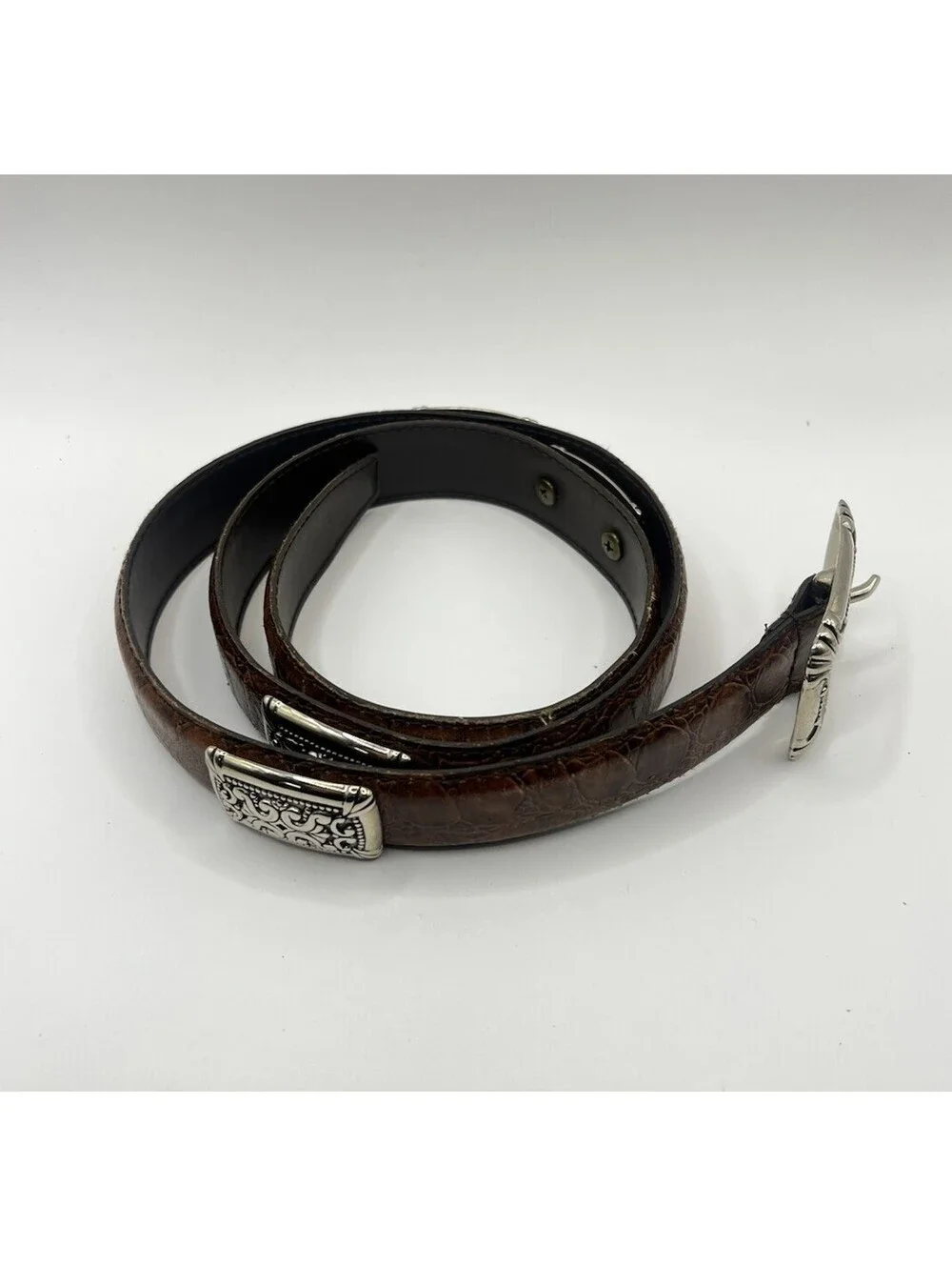 Vintage Brown Faux Croc Leather Western Belt Silvertone Filigree Hardware Size L